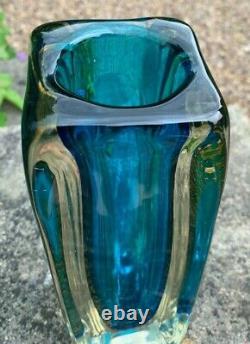 Large Heavy 2.5kg Murano Art Glass Cased Kingfisher Blue Gold Sommerso Vase