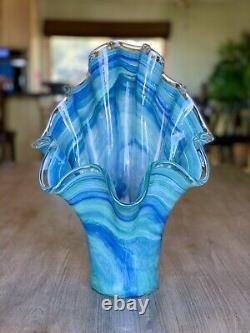 Large Italy Handkerchief Ruffle Ocean Blue Murano Glass Vase 16.5