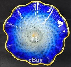 Large LaChaussee Cobalt Blue Ruffled Handkerchief Bowl Art Glass Signed 2004