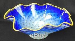 Large LaChaussee Cobalt Blue Ruffled Handkerchief Bowl Art Glass Signed 2004