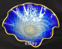 Large LaChaussee Cobalt Blue Ruffled Handkerchief Bowl Art Glass Signed 2004