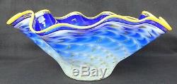 Large LaChaussee Cobalt Blue Ruffled Handkerchief Bowl Art Glass Signed 2004