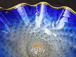Large LaChaussee Cobalt Blue Ruffled Handkerchief Bowl Art Glass Signed 2004