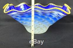 Large LaChaussee Cobalt Blue Ruffled Handkerchief Bowl Art Glass Signed 2004