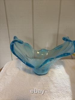 Large MCM Turquoise Blue Art Glass Centerpiece / Vase / Bowl BLOWN. STUNNING