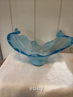 Large MCM Turquoise Blue Art Glass Centerpiece / Vase / Bowl BLOWN. STUNNING