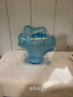 Large MCM Turquoise Blue Art Glass Centerpiece / Vase / Bowl BLOWN. STUNNING
