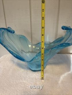 Large MCM Turquoise Blue Art Glass Centerpiece / Vase / Bowl BLOWN. STUNNING