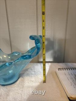 Large MCM Turquoise Blue Art Glass Centerpiece / Vase / Bowl BLOWN. STUNNING