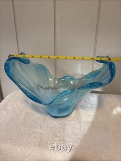 Large MCM Turquoise Blue Art Glass Centerpiece / Vase / Bowl BLOWN. STUNNING