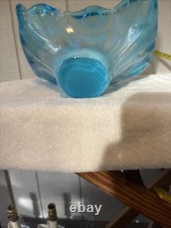 Large MCM Turquoise Blue Art Glass Centerpiece / Vase / Bowl BLOWN. STUNNING