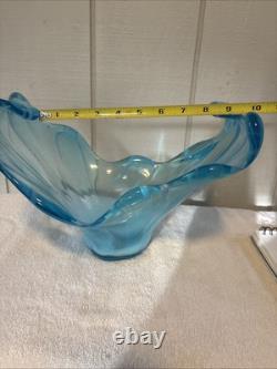 Large MCM Turquoise Blue Art Glass Centerpiece / Vase / Bowl BLOWN. STUNNING