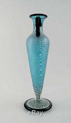 Large Murano vase with handles in turquoise mouth blown art glass, 1960's