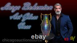 Large Nouveau Bohemian Iridescent Blue Decorated Art Glass Vase withHandle Mount