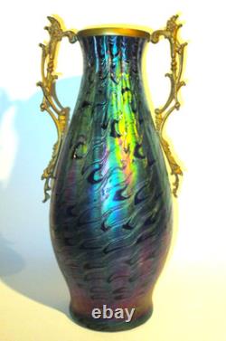 Large Nouveau Bohemian Iridescent Blue Decorated Art Glass Vase withHandle Mount