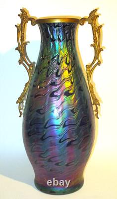 Large Nouveau Bohemian Iridescent Blue Decorated Art Glass Vase withHandle Mount