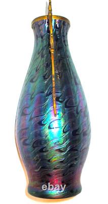 Large Nouveau Bohemian Iridescent Blue Decorated Art Glass Vase withHandle Mount