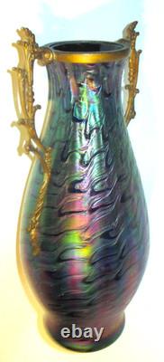 Large Nouveau Bohemian Iridescent Blue Decorated Art Glass Vase withHandle Mount