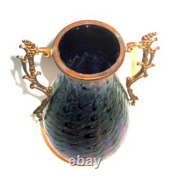 Large Nouveau Bohemian Iridescent Blue Decorated Art Glass Vase withHandle Mount