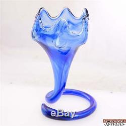 Large Ocean Blue Flowering Blown Art Glass Vase Spiral Stem Wavy Edge Vintage