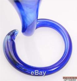 Large Ocean Blue Flowering Blown Art Glass Vase Spiral Stem Wavy Edge Vintage