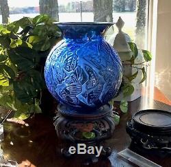 Large Sapphire Blue Lalique $3000 Nymphale Butterfly Vase, Signed