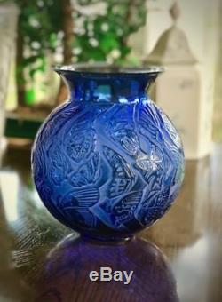 Large Sapphire Blue Lalique $3000 Nymphale Tanzania Butterfly Vase, Signed