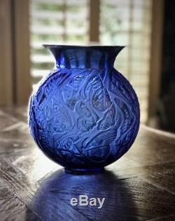 Large Sapphire Blue Lalique $3000 Nymphale Tanzania Butterfly Vase, Signed