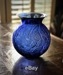 Large Sapphire Blue Lalique $3000 Nymphale Tanzania Butterfly Vase, Signed