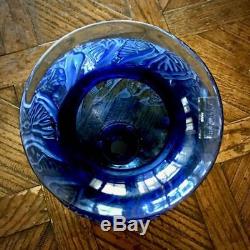 Large Sapphire Blue Lalique $3000 Nymphale Tanzania Butterfly Vase, Signed