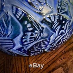 Large Sapphire Blue Lalique $3000 Nymphale Tanzania Butterfly Vase, Signed