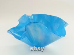 Large Signed Art Glass Blue Iridescent Wave Handkerchief Vessel Vase Bowl Dish