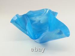 Large Signed Art Glass Blue Iridescent Wave Handkerchief Vessel Vase Bowl Dish