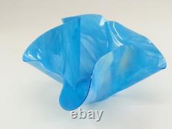 Large Signed Art Glass Blue Iridescent Wave Handkerchief Vessel Vase Bowl Dish