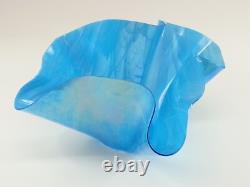 Large Signed Art Glass Blue Iridescent Wave Handkerchief Vessel Vase Bowl Dish