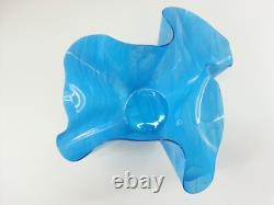 Large Signed Art Glass Blue Iridescent Wave Handkerchief Vessel Vase Bowl Dish