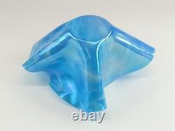Large Signed Art Glass Blue Iridescent Wave Handkerchief Vessel Vase Bowl Dish