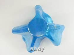Large Signed Art Glass Blue Iridescent Wave Handkerchief Vessel Vase Bowl Dish
