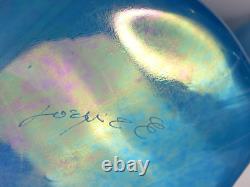 Large Signed Art Glass Blue Iridescent Wave Handkerchief Vessel Vase Bowl Dish
