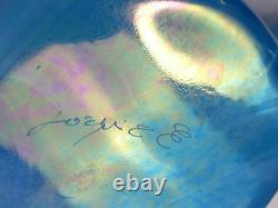Large Signed Art Glass Blue Iridescent Wave Handkerchief Vessel Vase Bowl Dish