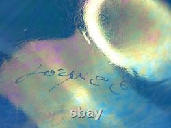 Large Signed Art Glass Blue Iridescent Wave Handkerchief Vessel Vase Bowl Dish