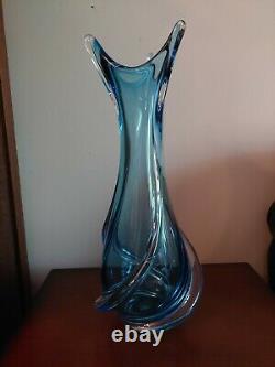 Large Signed Chalet Art Glass Rare Blue Twist Vase 16 1/2 High