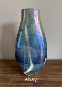 Large Stephen Fellerman Blue Purple Iridescent Art Glass Vase Signed 12.5 Tall