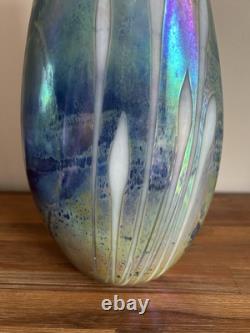 Large Stephen Fellerman Blue Purple Iridescent Art Glass Vase Signed 12.5 Tall