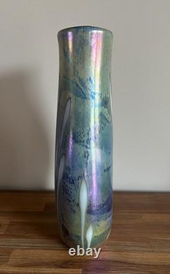 Large Stephen Fellerman Blue Purple Iridescent Art Glass Vase Signed 12.5 Tall