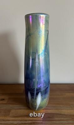 Large Stephen Fellerman Blue Purple Iridescent Art Glass Vase Signed 12.5 Tall