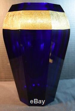 Large Tall Moser Art Deco Cobalt Blue and Gold Frieze Glass Vase