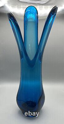 Large Viking Glass Trifoil Swung Vase Cobalt Blue MCM Art Glass Vase 19.5inNICE