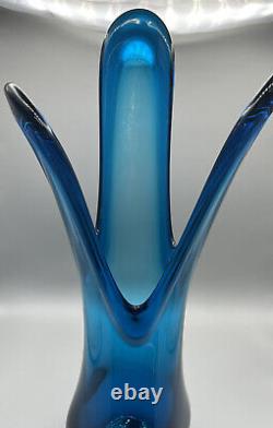 Large Viking Glass Trifoil Swung Vase Cobalt Blue MCM Art Glass Vase 19.5inNICE