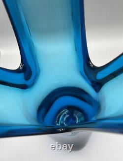 Large Viking Glass Trifoil Swung Vase Cobalt Blue MCM Art Glass Vase 19.5inNICE